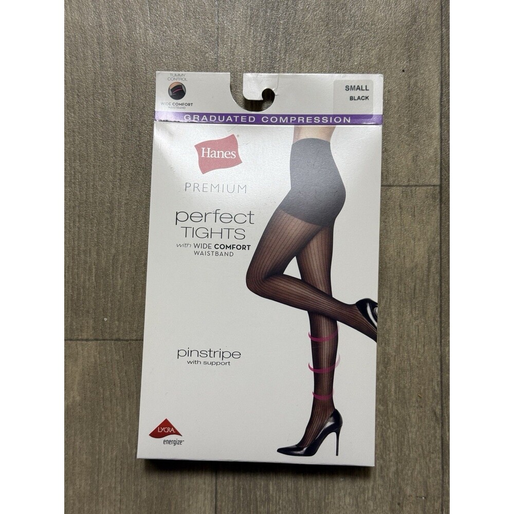 Hanes Premium Perfect Tights Black Tummy Control Pinstripe with Support Size S